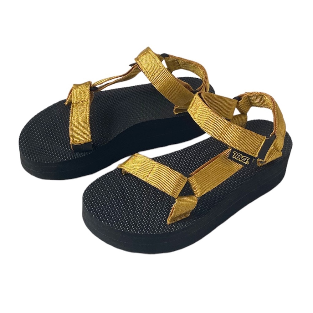 Black and Gold Teva Platform Sandals